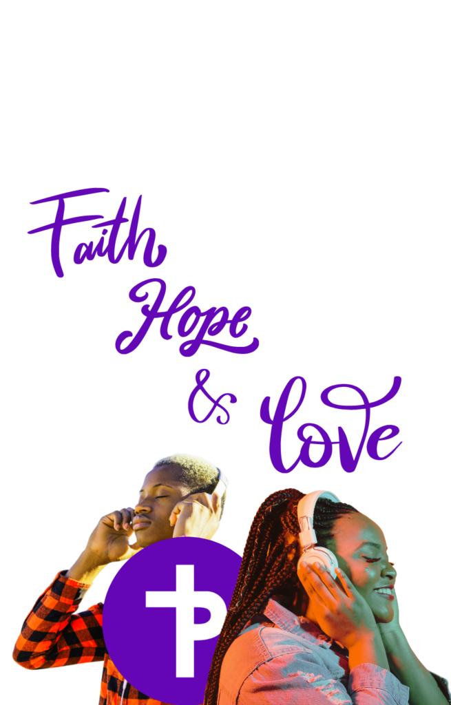 Two individuals, one male and one female, listening to music with headphones, against a dark background with vibrant purple text reading "Faith, Hope & Love" and a prominent purple cross icon.