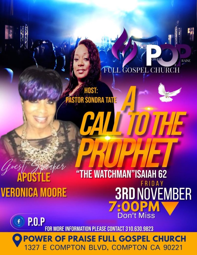 Graphic promoting "A Call to the Prophet" event at Power of Praise Church with details on guest speaker, date, and themes from Isaiah 62.